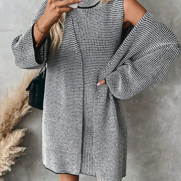 Multicolor Casual Women's Long Sleeve Cardigan & Stand Collar mini dress set - Picture 2 of 8